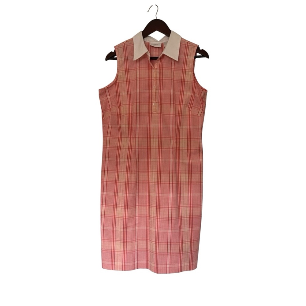 Liz Claiborne Pink Plaid Sleeveless Midi Dress with Cream Collar